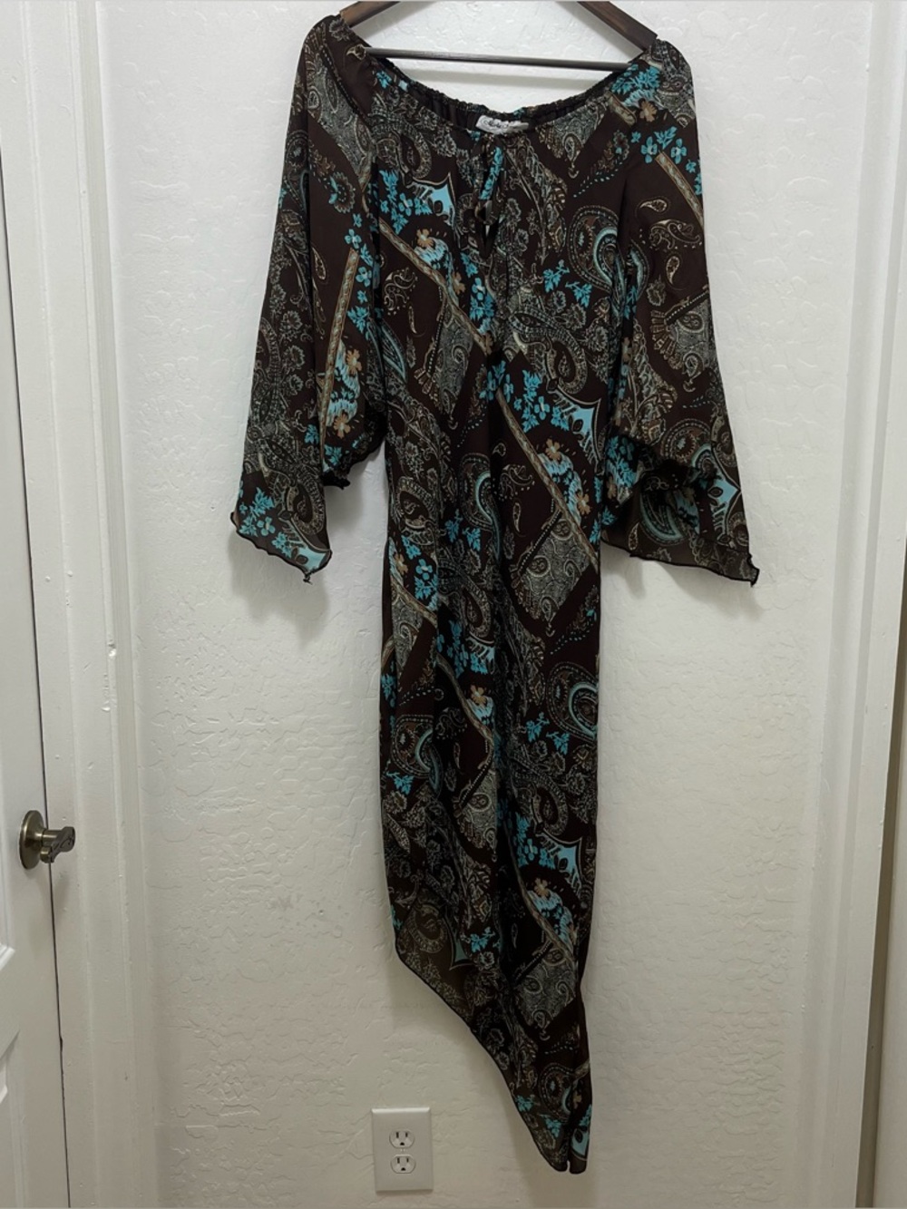 Marla Kim L Asymmetrical Paisley Dress Y2K Brown Flowy Sleeves